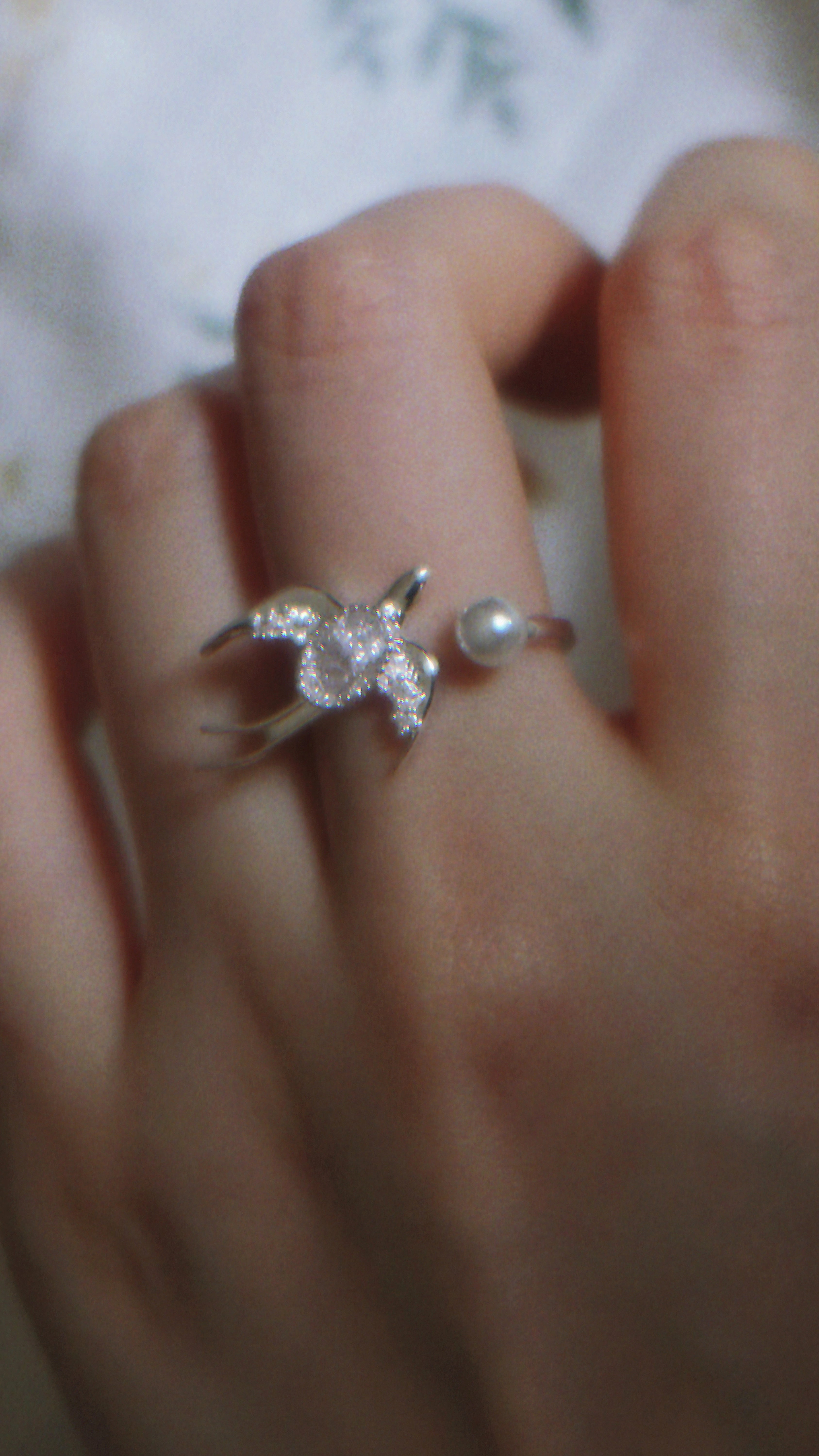 Swallow Ring – Adjustable Silver Pearl Ring