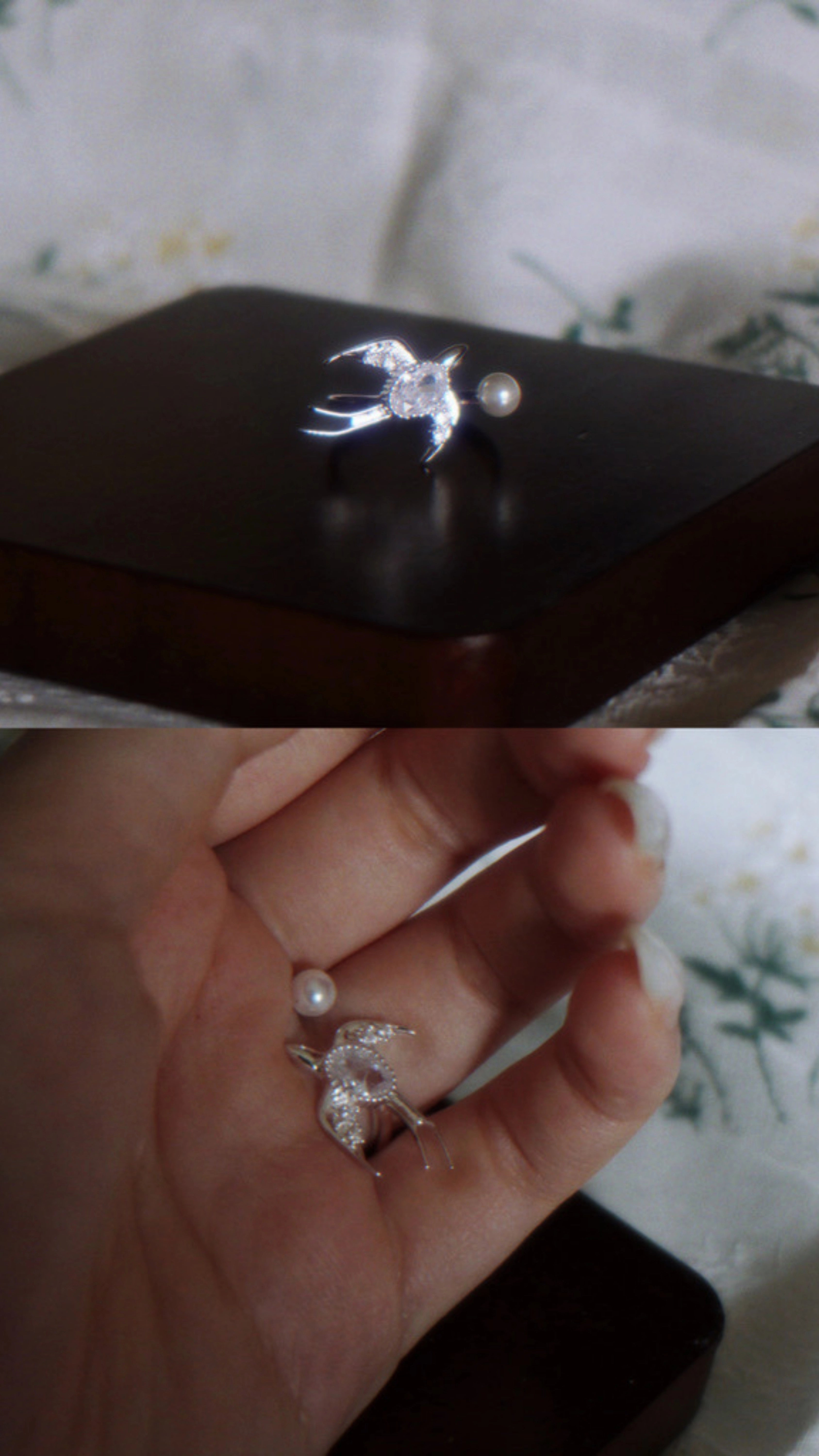 Swallow Ring – Adjustable Silver Pearl Ring